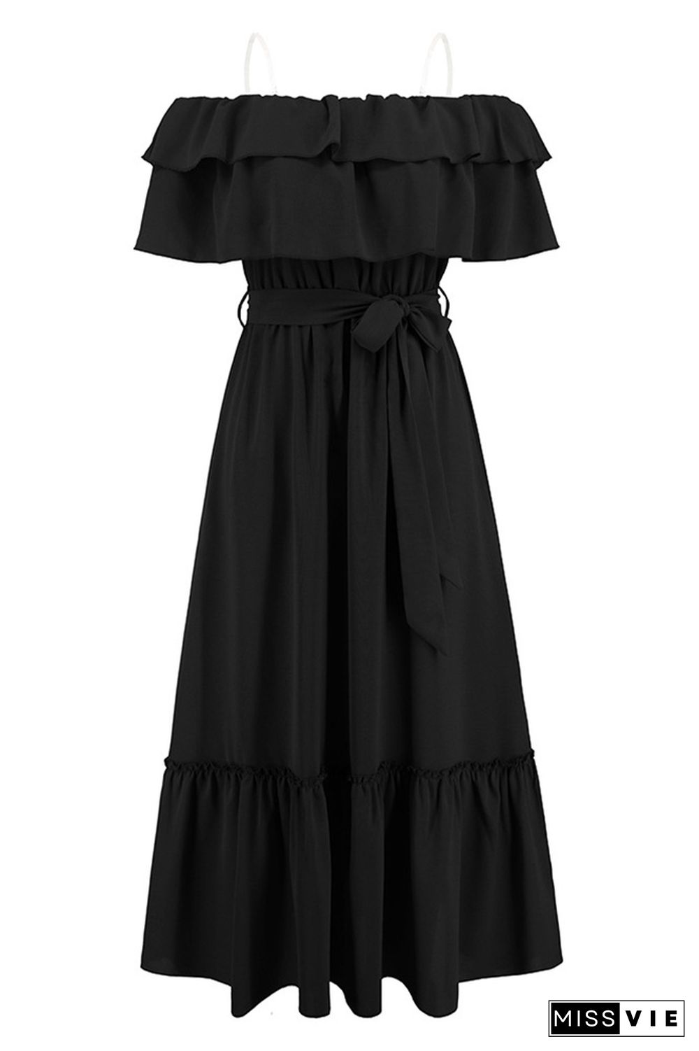 Plain Off Shoulder Ruffles Maxi Dress With Sash