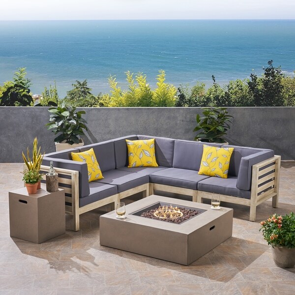 Oana Outdoor 5Seater VShaped Acacia Wood Sectional Sofa Set with Fire Pit by Christopher Knight Home