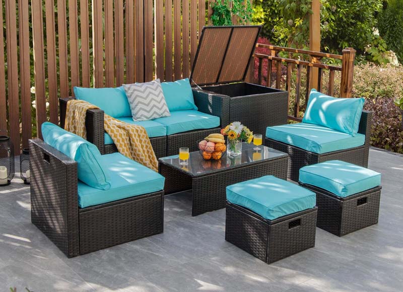 8 Pcs Rattan Patio Sectional Sofa Set with Storage Box & Waterproof Cover