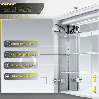 DECADOM AURA 36 in.W x 30 in.H LED Medicine Cabinet Recessed Surface Clock Dimmer Defogger Cosmetic Mirror Outlet USB AURA3630DD