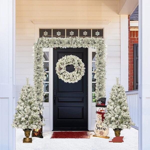 4Piece Flocked Christmas Wreaths and Garland Set，Artificial Xmas Tree Set w/ Pinecones and Berries