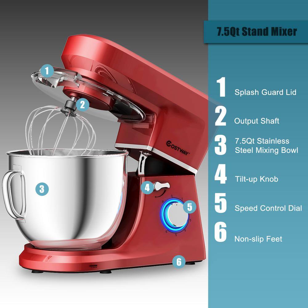 Costway 660W 7.5 qt. . 6-Speed Red Stainless Steel Stand Mixer with Dough Hook Beater EP24647RE