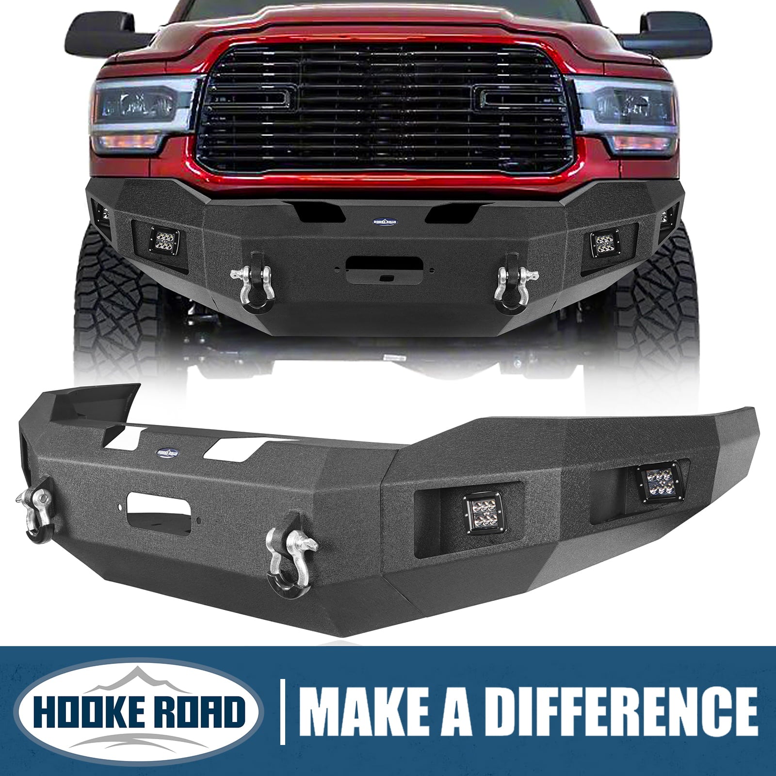 Hooke Road Front Winch Bumper Fit Dodge Ram 2500 3500 2019-2023 with 18W LED Spotlights and D-Rings