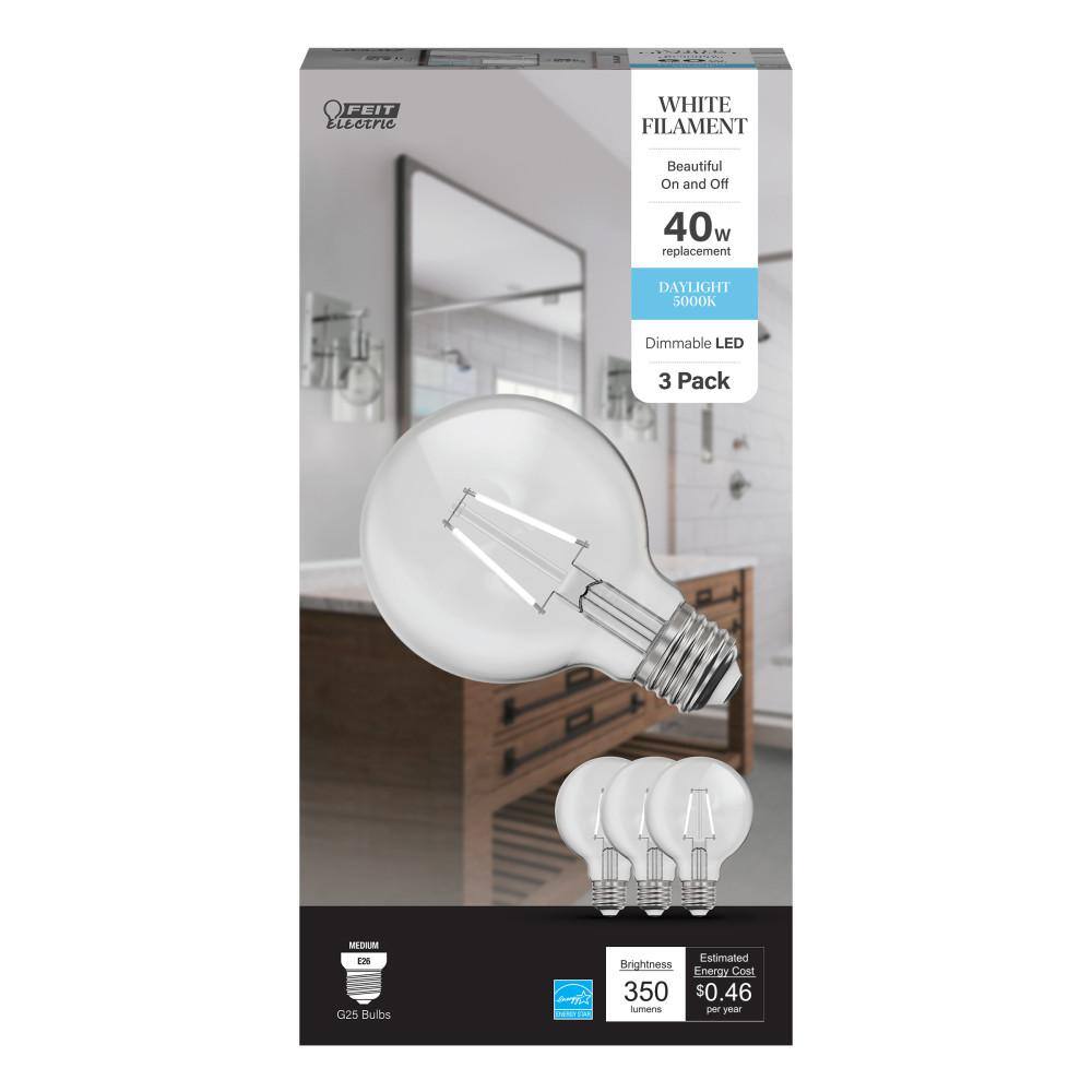 Feit Electric 40-Watt Equivalent G25 Dimmable White Filament CEC Clear Glass LED Globe Light Bulb Daylight 5000K (3-Pack) G2540950CAWFILHDRP3