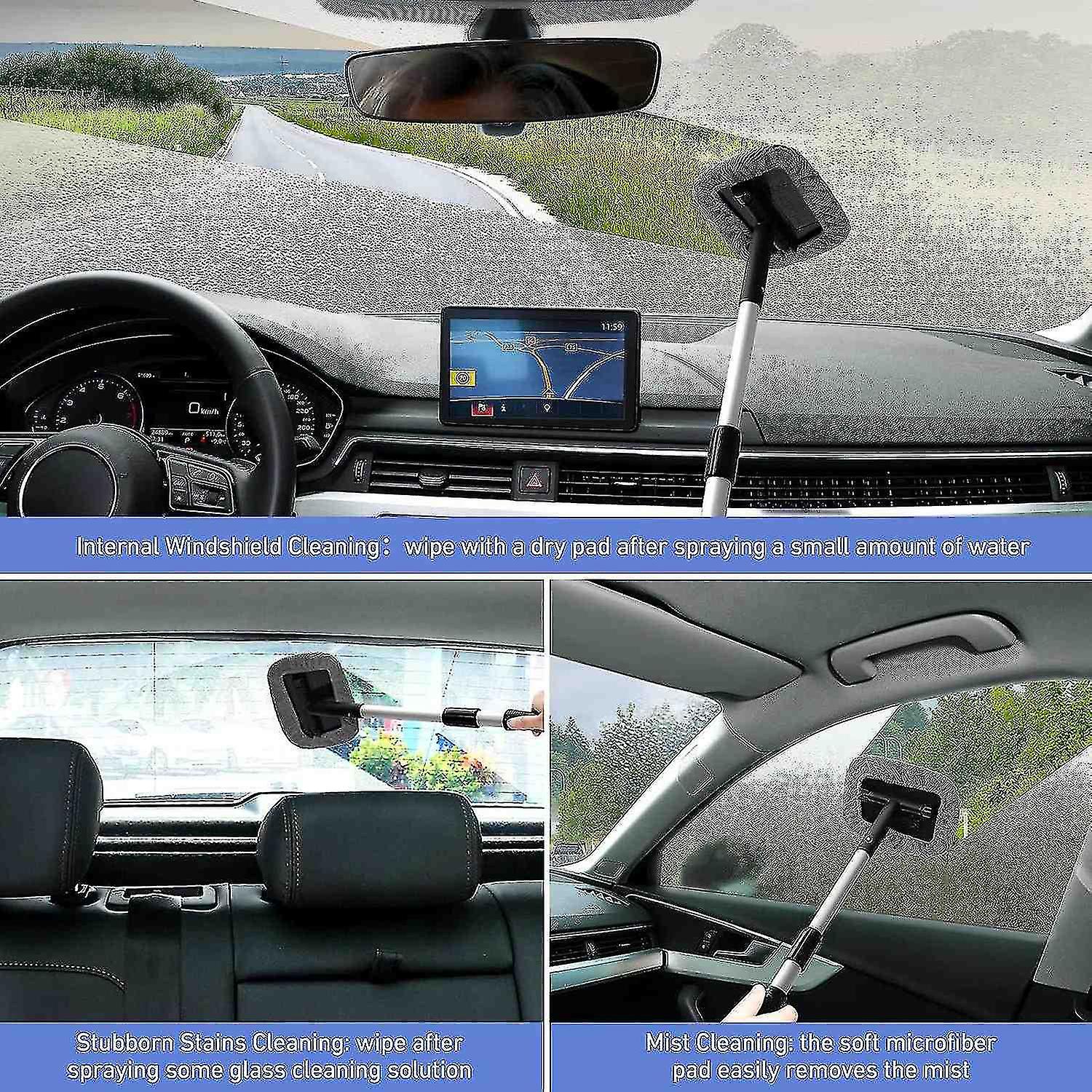 Car Wash Brush Telescopic Windscreen Cleaner With 2 Microfibre Pads， Windscreen Cleaning Tool With E