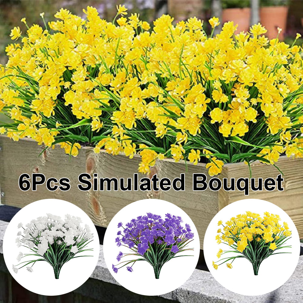 HOTBEST 6 Bundles Artificial Flowers Faux Plastic Plants Greenery Gypsophila Shrubs Fake Flowers without Vase for Hanging Planter Home Porch Window Box Wedding Office Garden Indoor Outdoor Decor