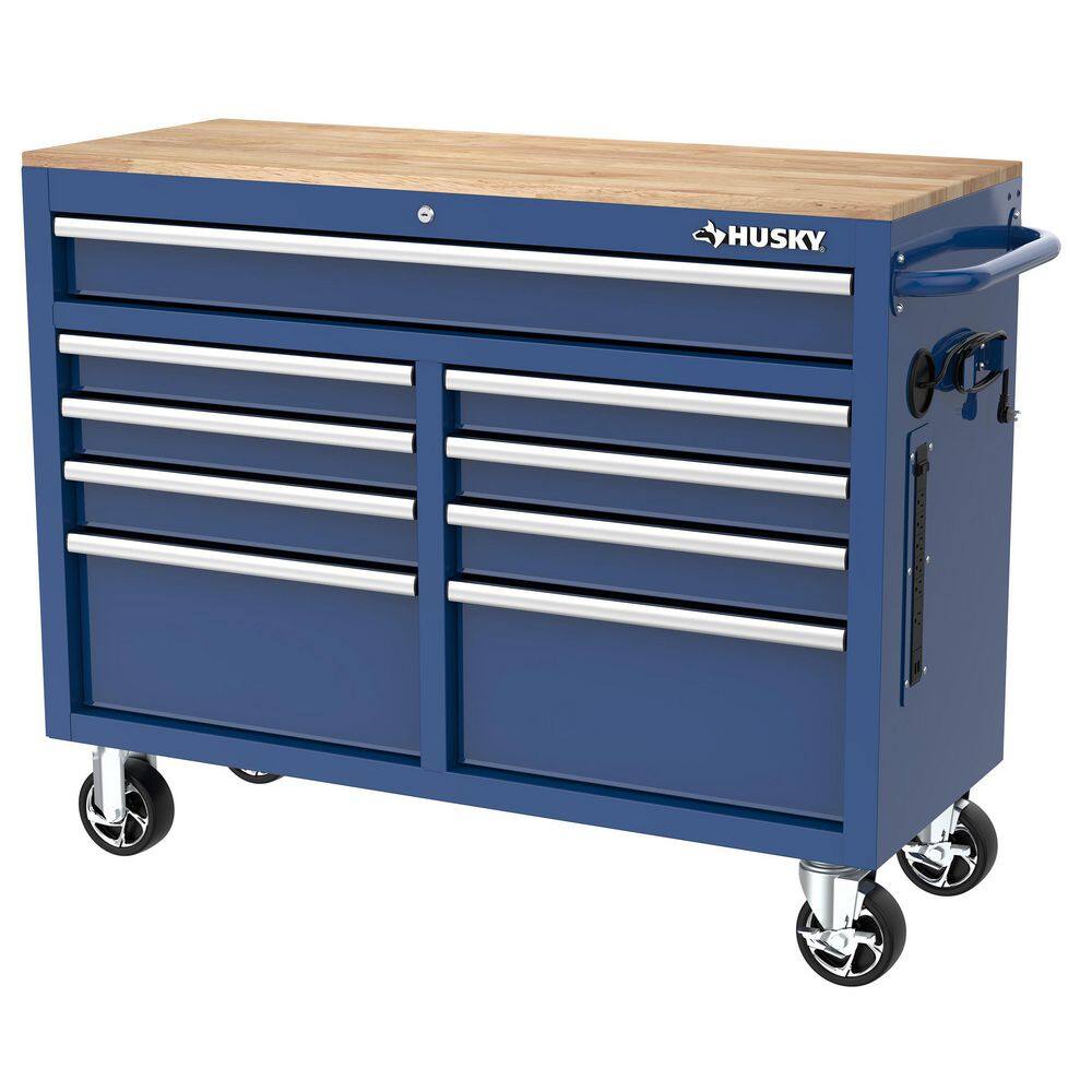 Husky 46 in. W x 18 in. D 9-Drawer Gloss Blue Mobile Workbench Cabinet with Solid Wood Top H46X18MWC9BLU