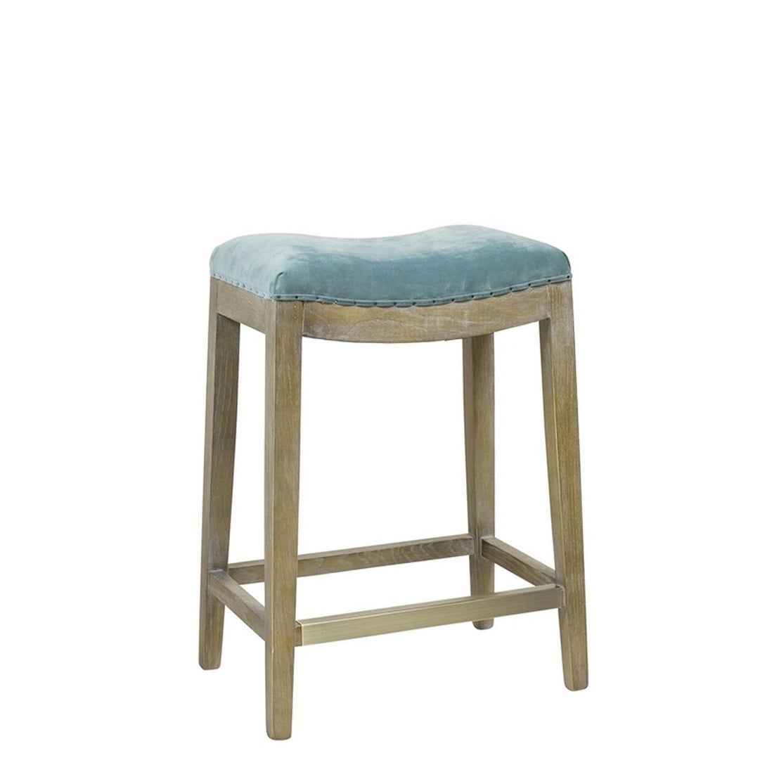 Stool Solid wood frame， Footrest with kick plate， Distressed finish and upholstered seat.