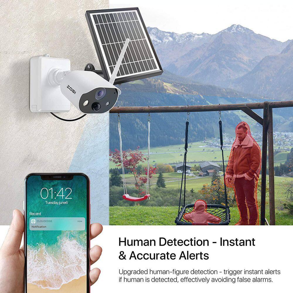 ZOSI 1080P Wireless Surveillance IP Camera Battery Rechargeable with Solar Panel Night Vision 2-Way Audio Human Detection 2NC-1902Y32-W-US