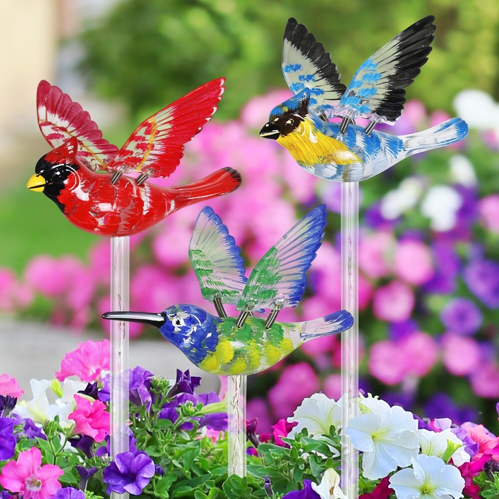 Exhart Solar WindyWing Garden Stake Set of Cardinal  Hummingbird and Blue Bird with Colored LED Lights  4 by 27 Inch