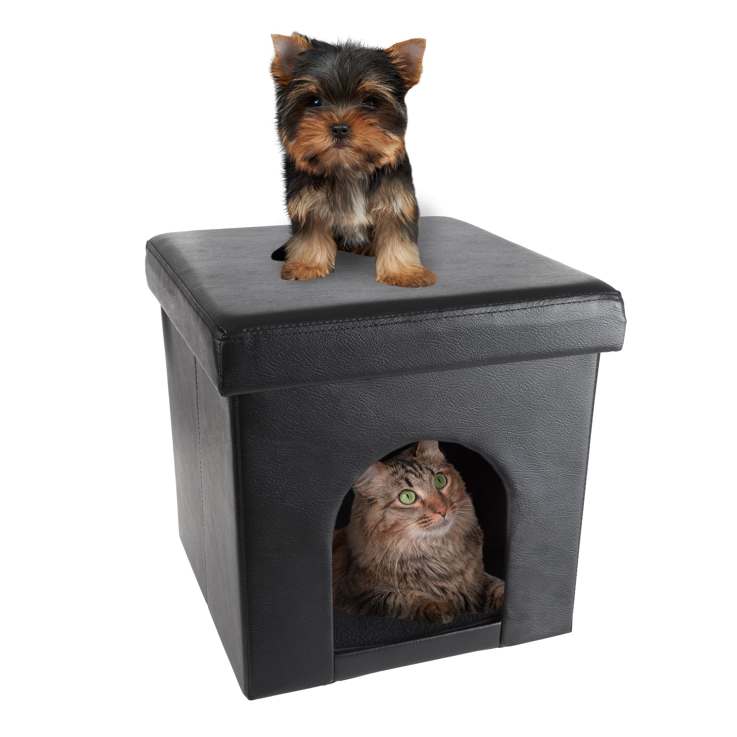 Pet House Ottoman - Collapsible Multipurpose Small Dog or Cat Bed Cube and Footrest with Cushion Top and Interior Pillow by PETMAKER (Black)