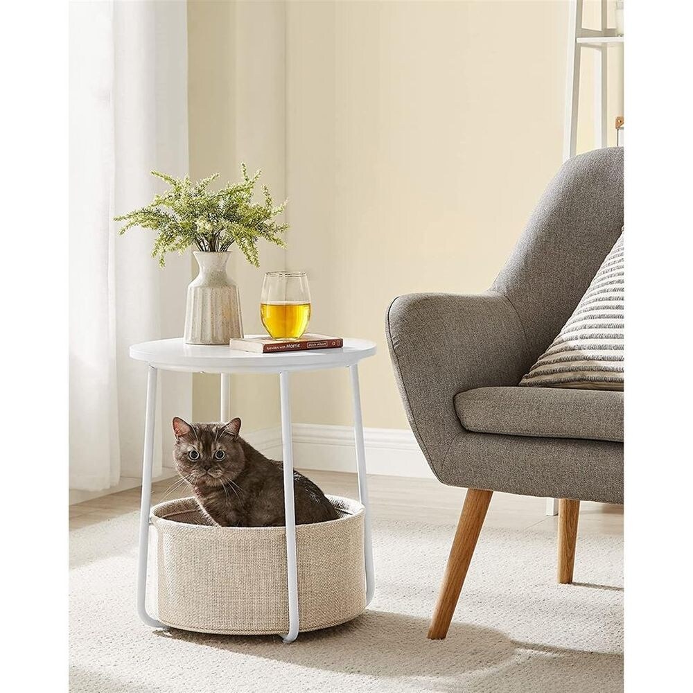 Modern Nightstand  Small Round Side End Table with Fabric Basket