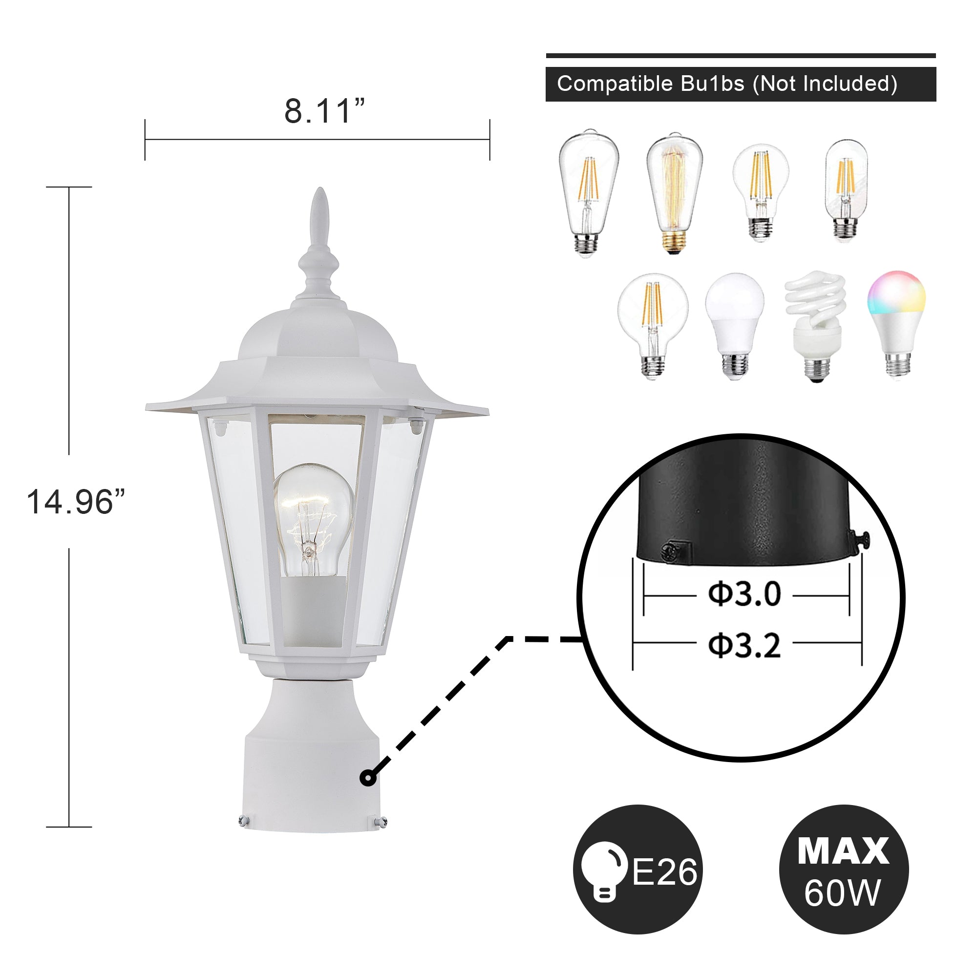 UIXE White Post Light Fixture， Exterior Aluminium Pole Lantern