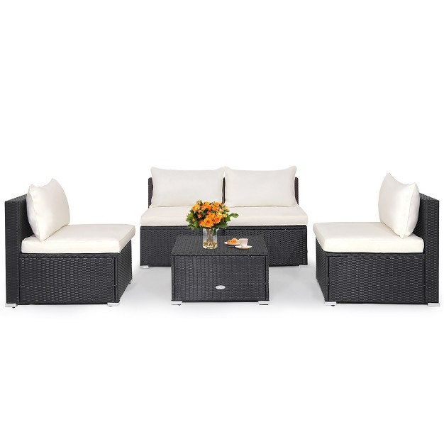 Tangkula 5pcs Patio Outdoor Rattan Sofa Conversation Set W Seat amp Back Cushions Off White