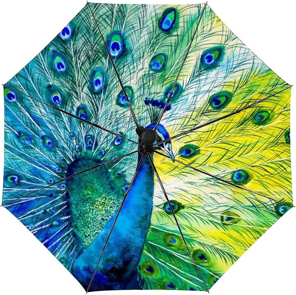 Colourlife Travel Umbrella Colorful Peacock Tail Feathers Automatic Windproof Foldable Umbrella For Sun and Rain