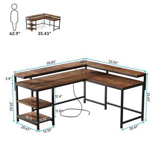 Perry 78.7 in. L Shaped Rustic Brown Wood Computer Desk with Power Outlets Monitor Stand and Storage Shelves HD-YU220389