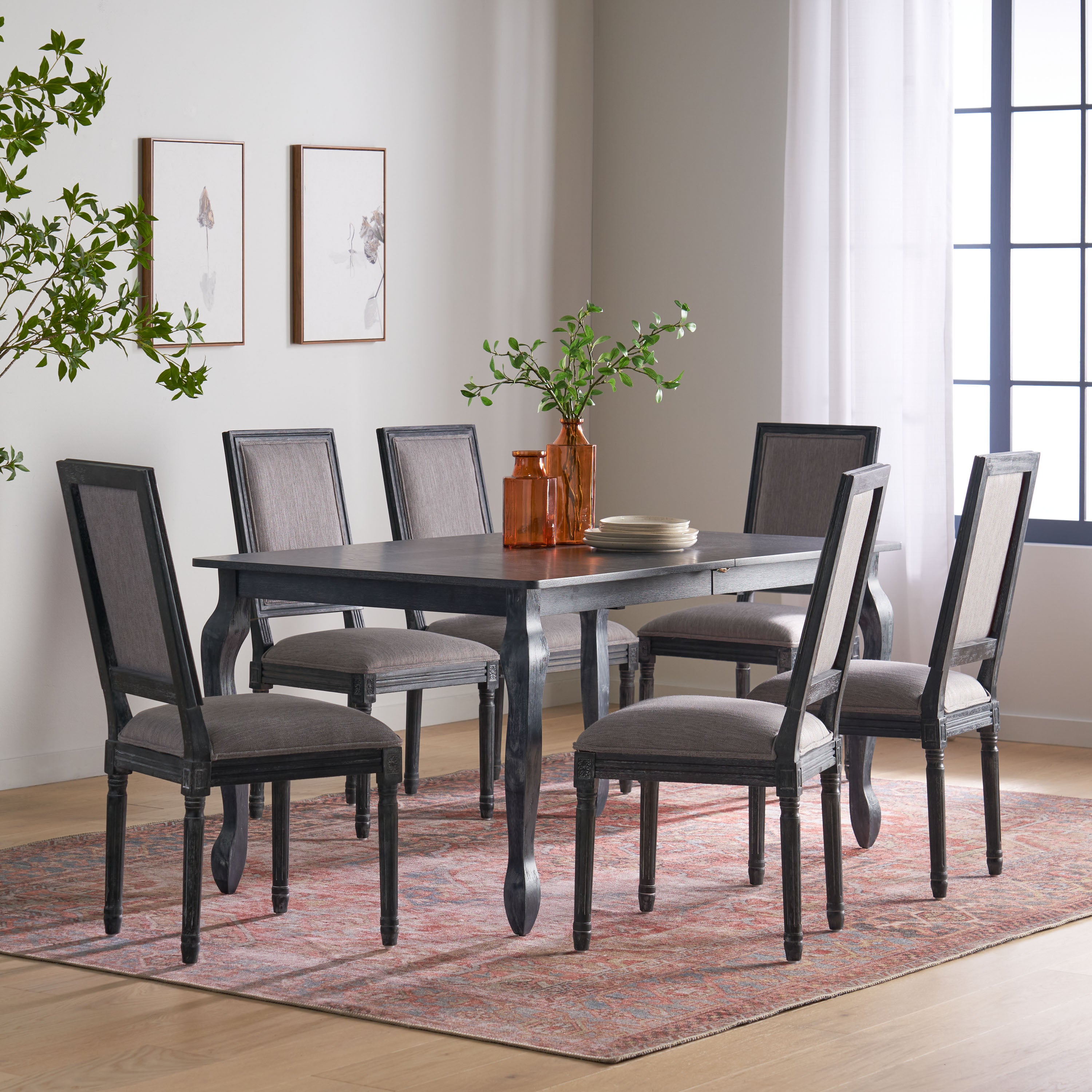 Fernleaf French Country Fabric Upholstered Wood Expandable 7 Piece Dining Set