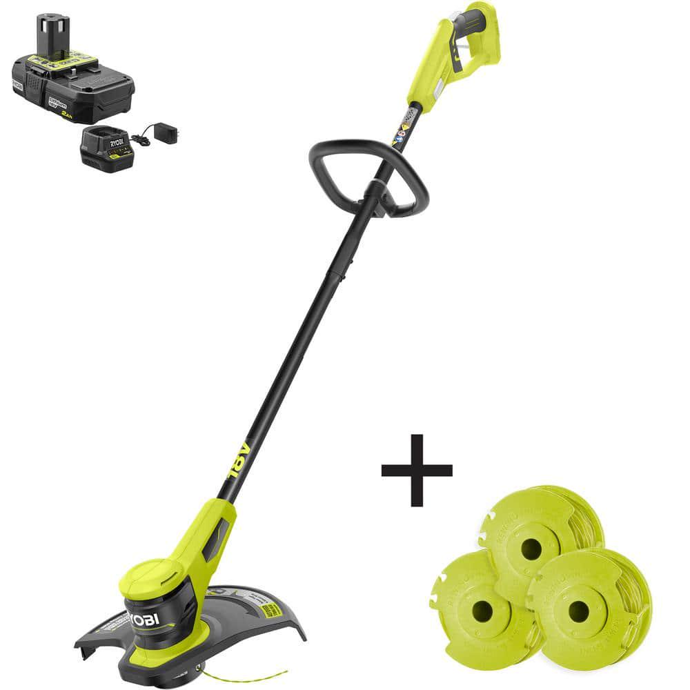 RYOBI ONE 18V 13 in Cordless Battery Electric String TrimmerEdger with Extra 3Pack of Spools 20 Ah Battery and Charger