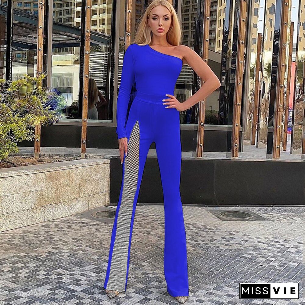 High Quality Women's One Shoulder Long Sleeve Black Bandage Jumpsuit Hollow Diamond Jumpsuit Celebrity Fashion Party Jumpsuit