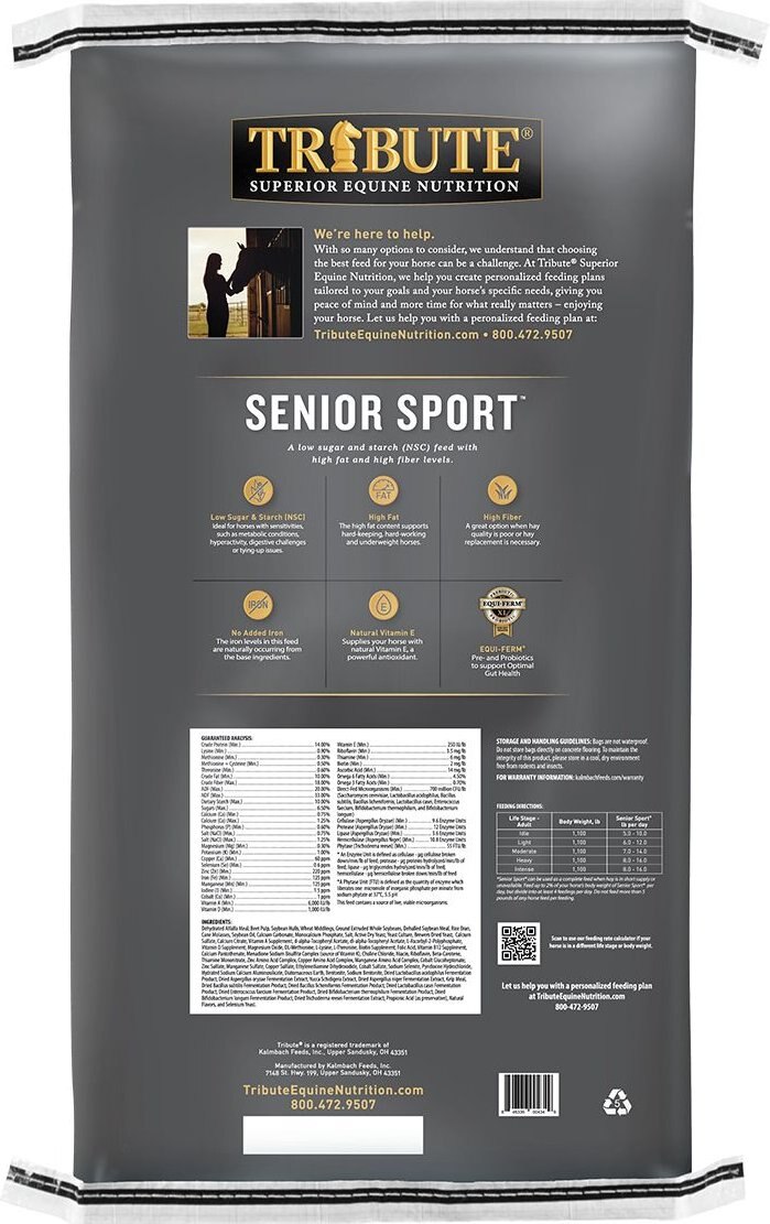 Tribute Equine Nutrition Senior Sport High Fiber， High Fat Horse Feed