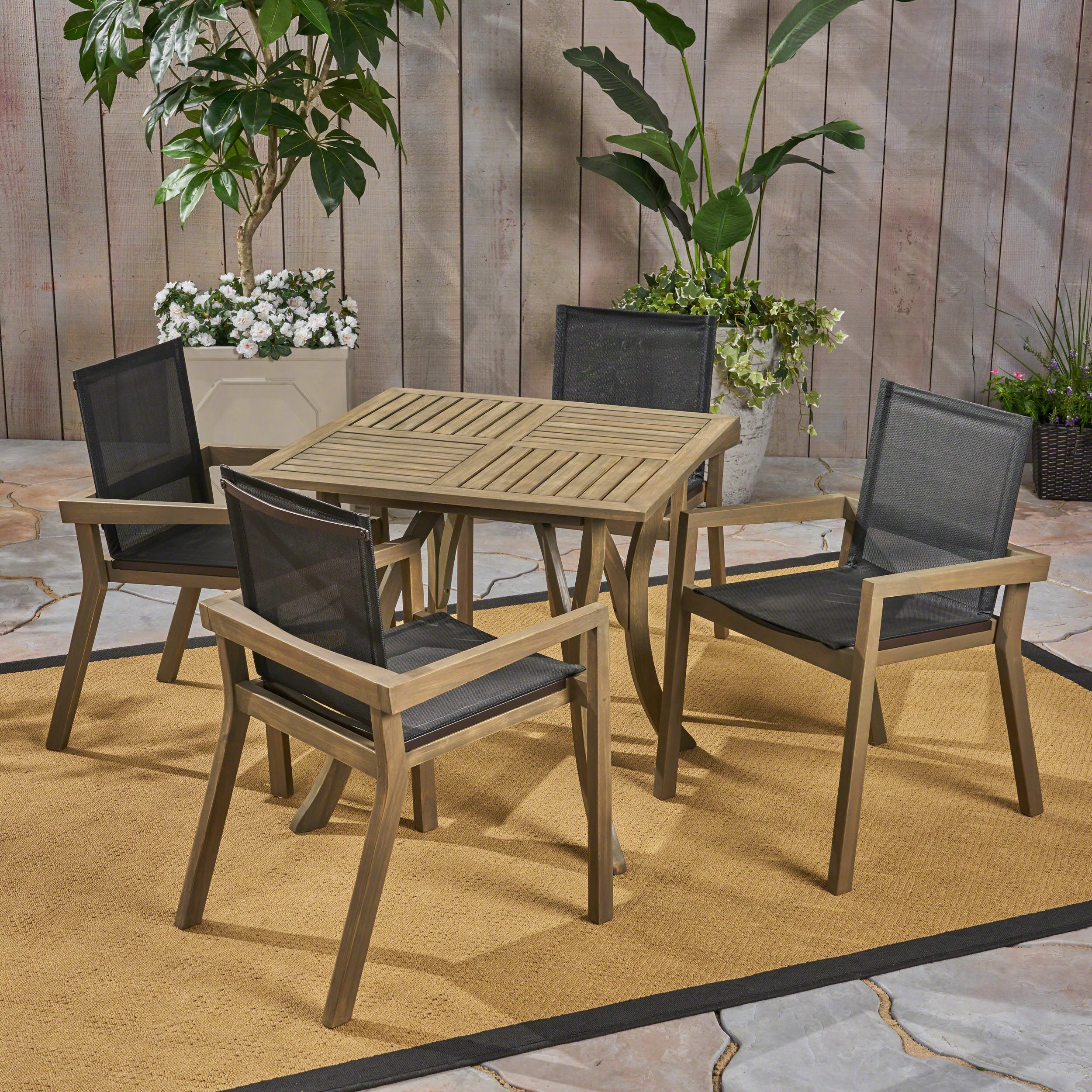 Ruiz Outdoor Acacia Wood 4 Seater Square Dining Set with Mesh Seats