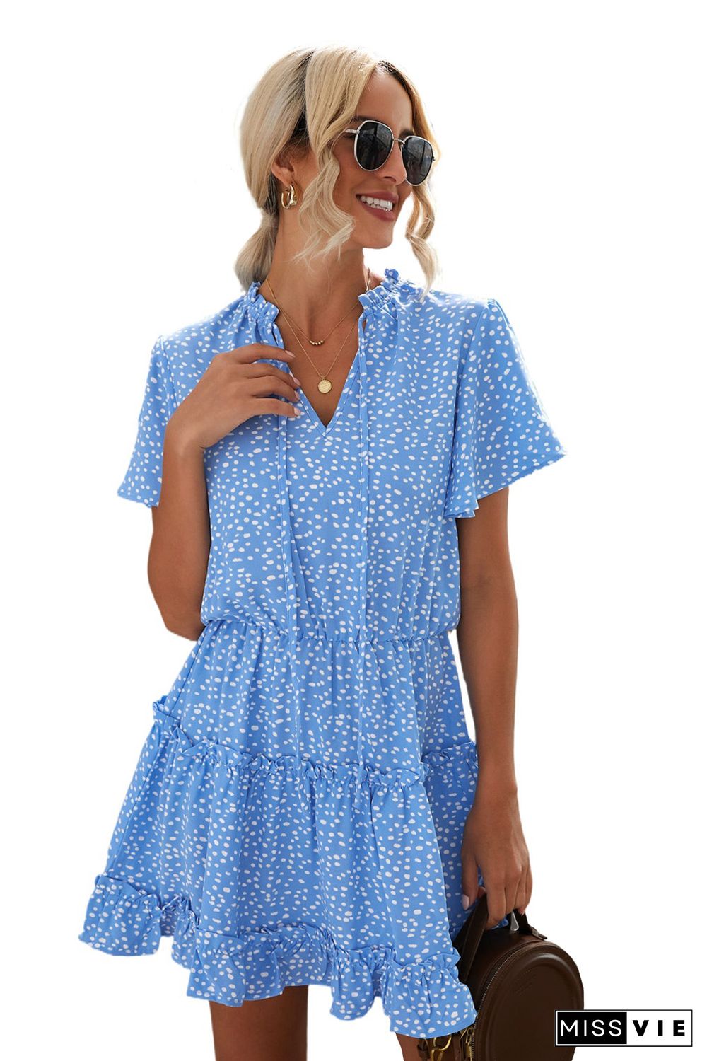 Blue Dotted Print Split Neck Flutter Sleeve Flowy Tunic Mini Dress