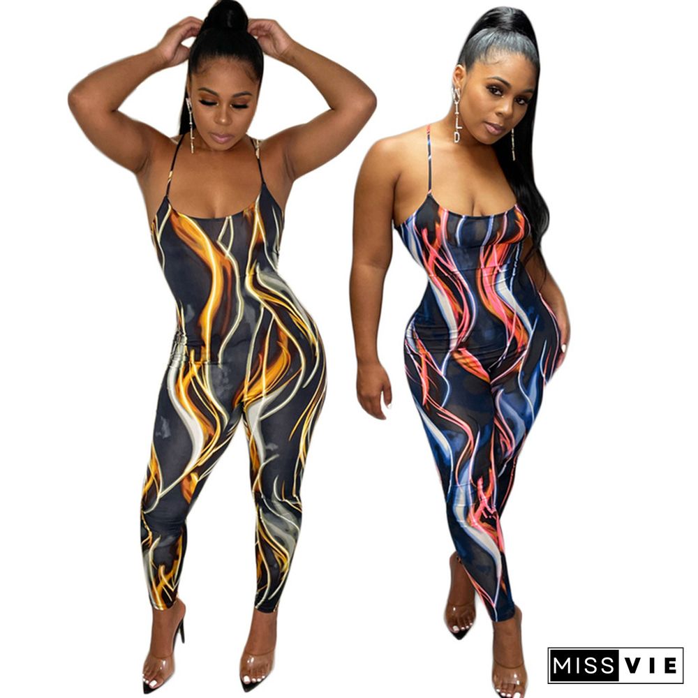 Summer Print Halter Backless Strap Bodycon Jumpsuit