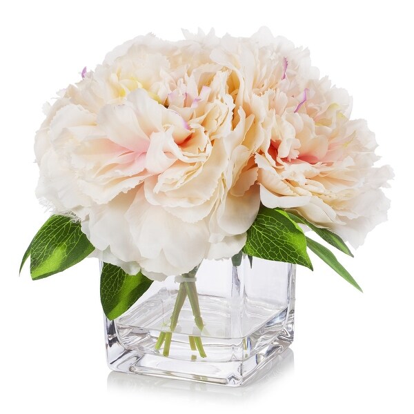 Enova Home Artificial Silk Peony Fake Flowers Arrangement in Cube Glass Vase with Faux Water for Home Wedding Decoration