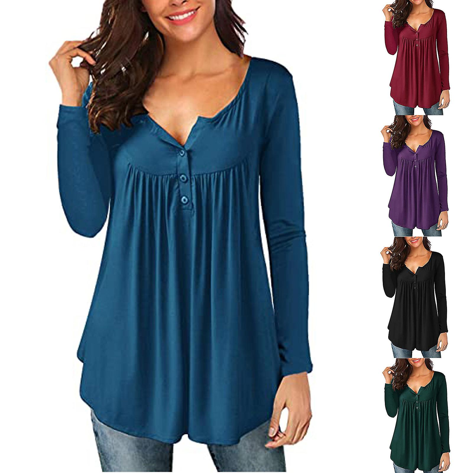 2021 Fall  New Women's V-neck Button Pleated Long-sleeve T-shirt Sleeves Two-wear Loose Top Green Xl  Xxl