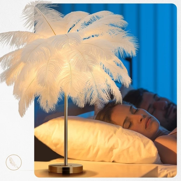 Gold and White Feather Tripod Table Lamp With Bulb