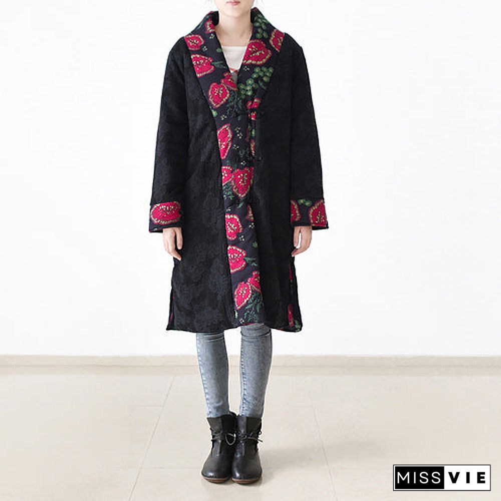 Casual black print Puffers Jackets Loose fitting patchwork down jacket women side open overcoat