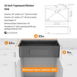 Glacier Bay Gunmetal Black Stainless Steel 33 in. 18 Gauge Single Bowl Dual Mount Kitchen Sink ACS3322A1T