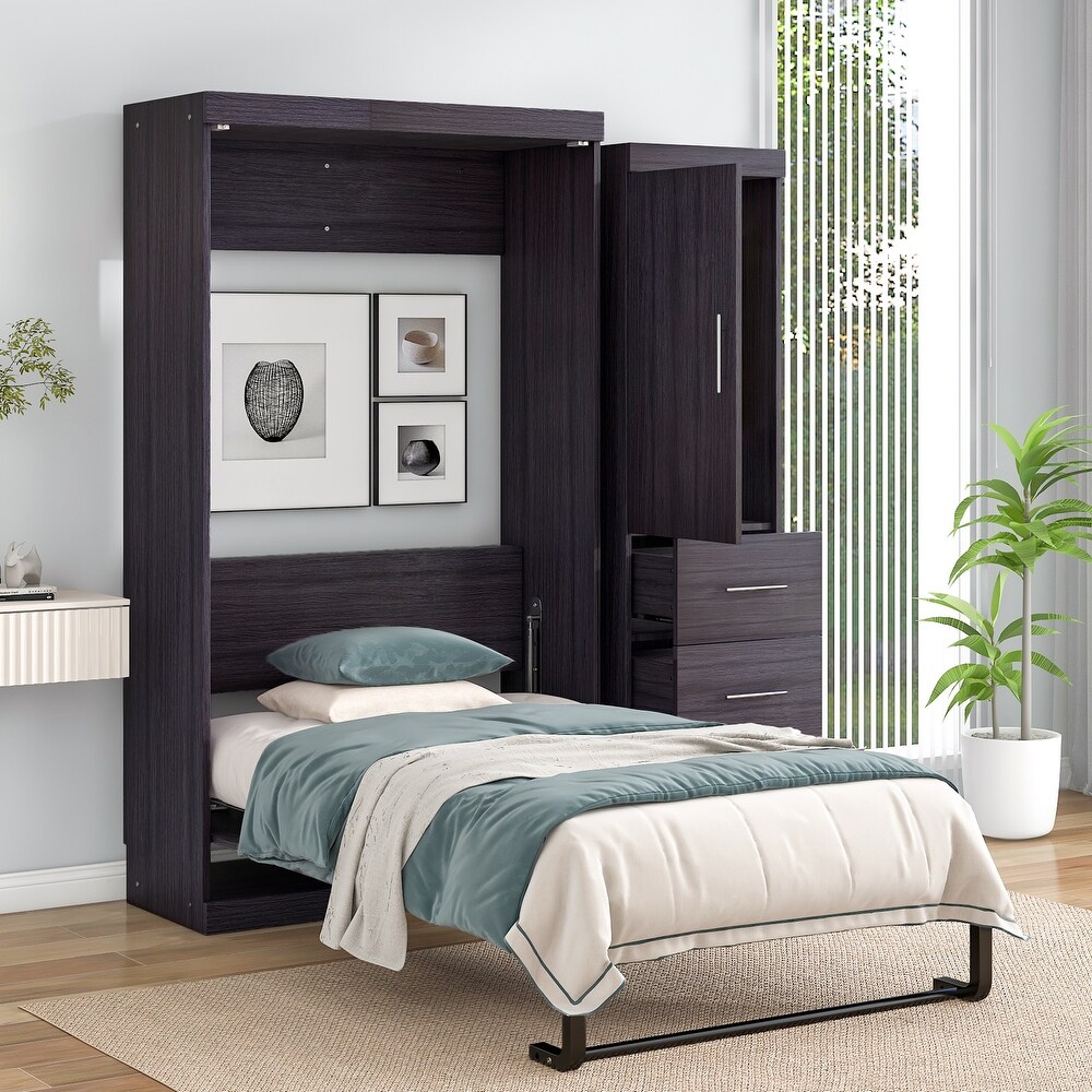 Murphy Bed with Wardrobe and 3 Storage Drawers  Pine Wood Multifunctional Storage Wall Bed  Can be Folded into A Cabinet