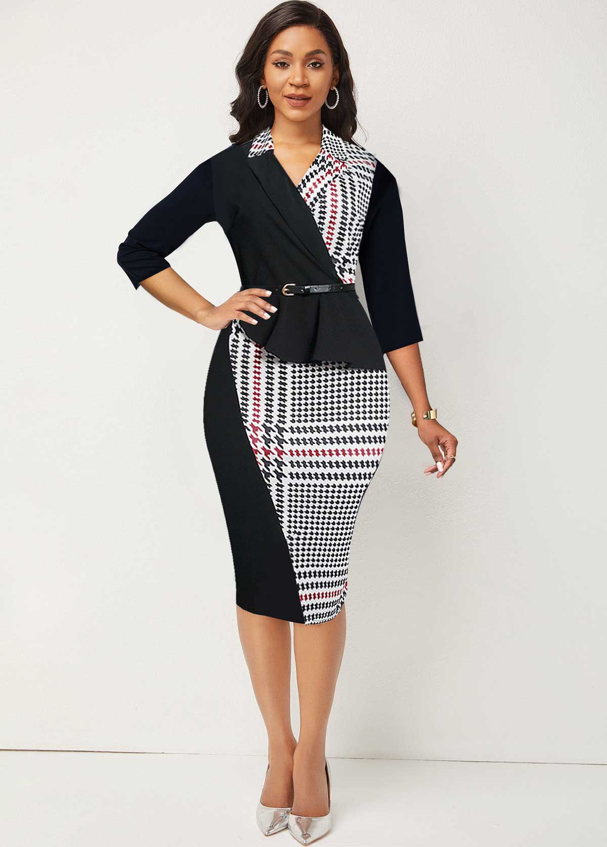 Tartan Print Midi Lapel Black Bodycon Dress