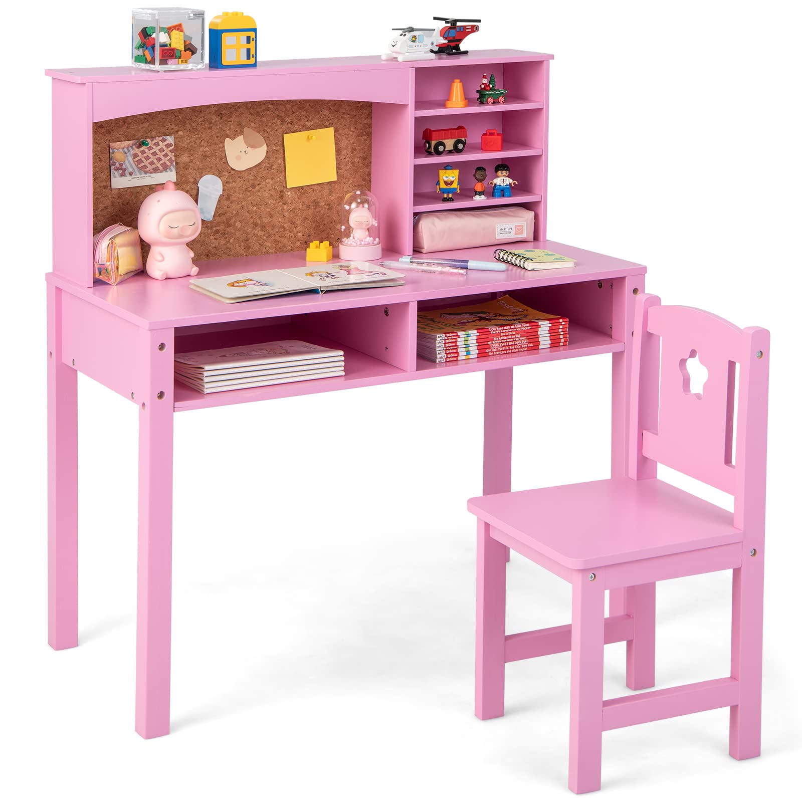 Costzon Kids Desk and Chair Set, Student Study Table with Chair, Hutch, Cork Bulletin Board, Storage Shelves