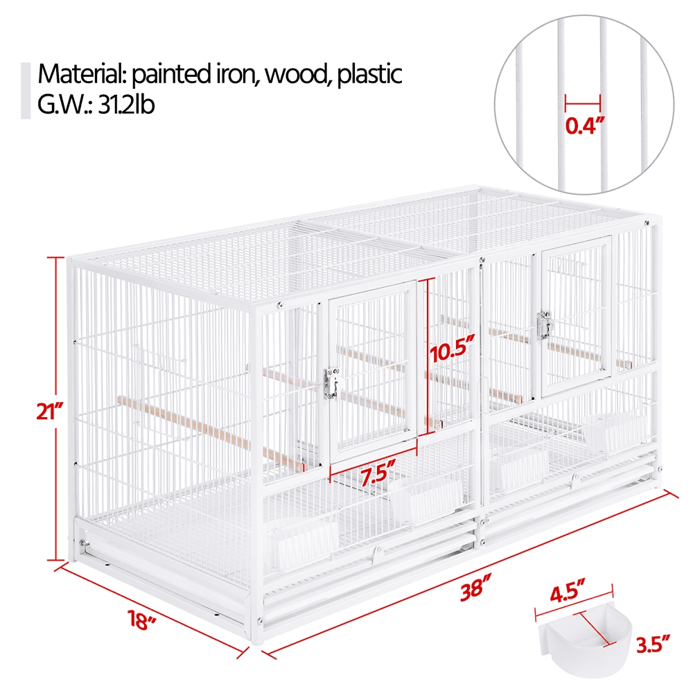 SmileMart 18-Inch Wide Metal Stackable Divided Breeder Bird Cage for Small Birds Lovebirds Finch Canaries Parakeets Cockatiels， White