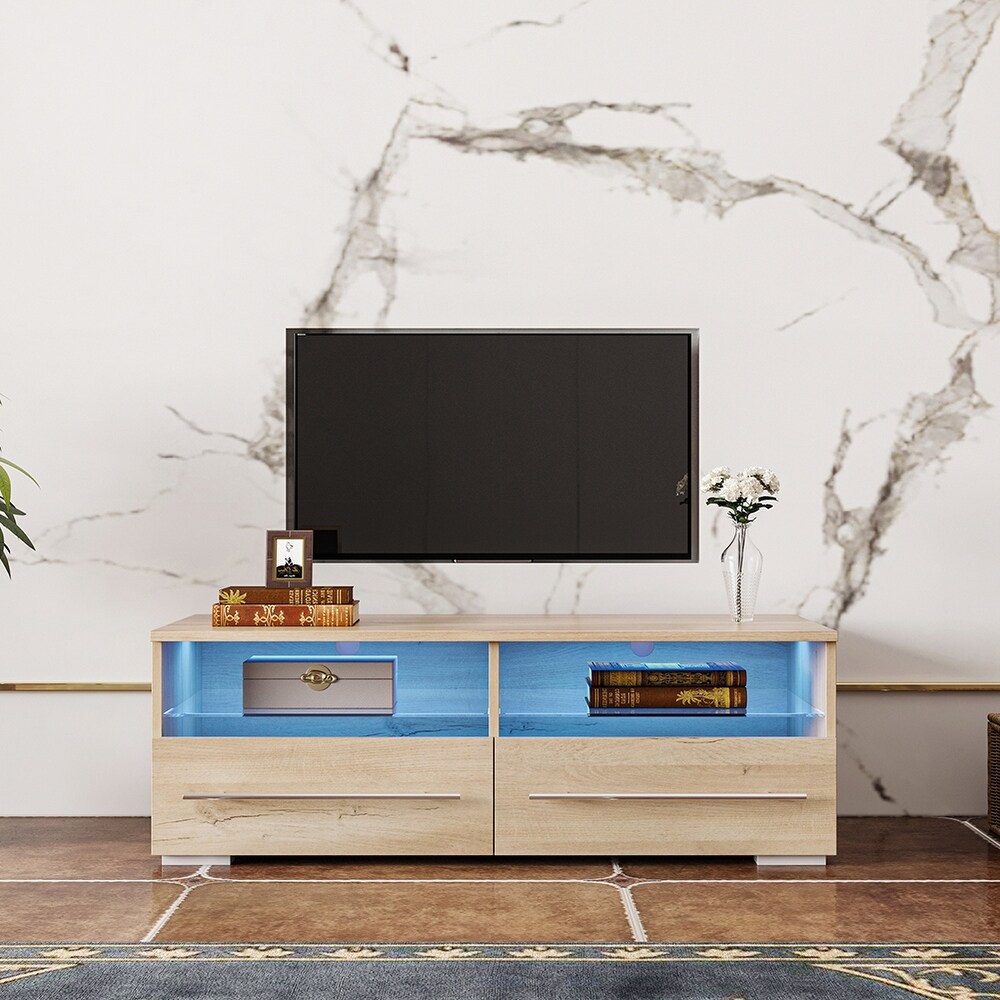 Mid century Modern Style TV Stand with 2 Drawers and LED Light