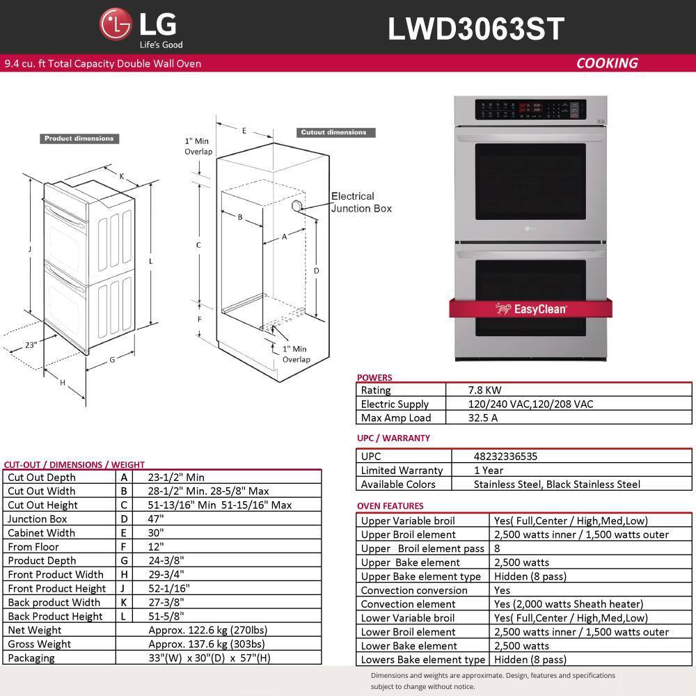 LG 30 in. Double Electric Wall Oven Self-Cleaning with Convection and EasyClean in Stainless Steel LWD3063ST