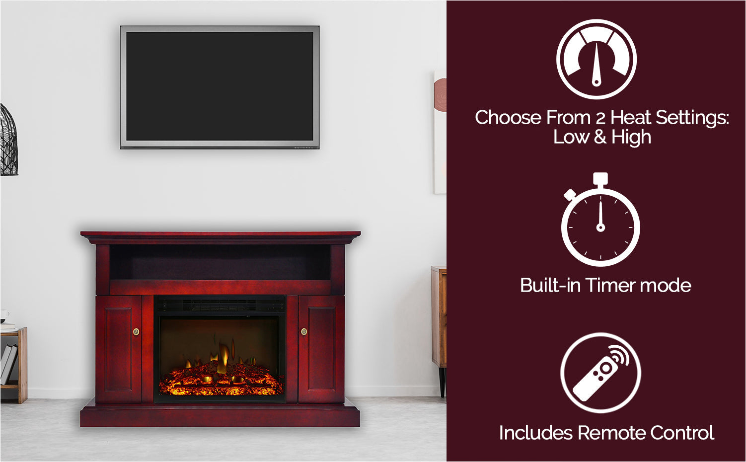 Cambridge Sorrento 47'' Electric Fireplace with Log Insert | Multi-Color Flame | For Rooms up to 210 Sq.Ft. | TV Stand | Remote | Cherry Mantel | Adjustable Heat Settings | Timer