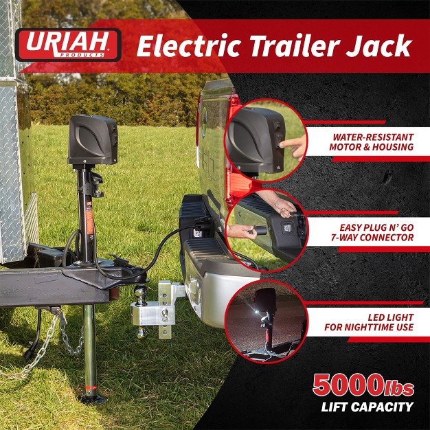 Uriah Products 5000 Pound Lift Capacity 12 Volt 7 Way Connector Electric Trailer Jack With Easy To Use Switch And Oversized Adjustable Footpad Black