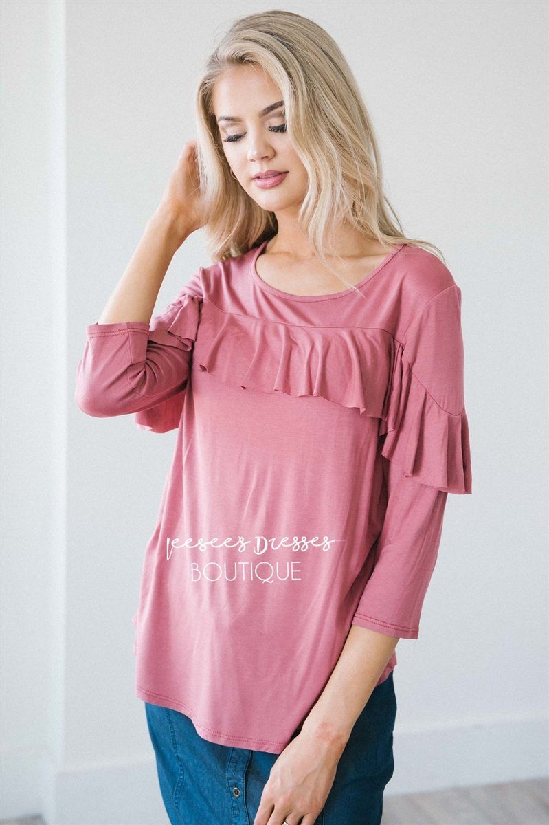 Ruffle Front Detail 3/4 Length Sleeve Top