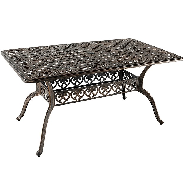 Patio Rectangle Dining Table Outdoor Cast Aluminum Table W Umbrella Hole