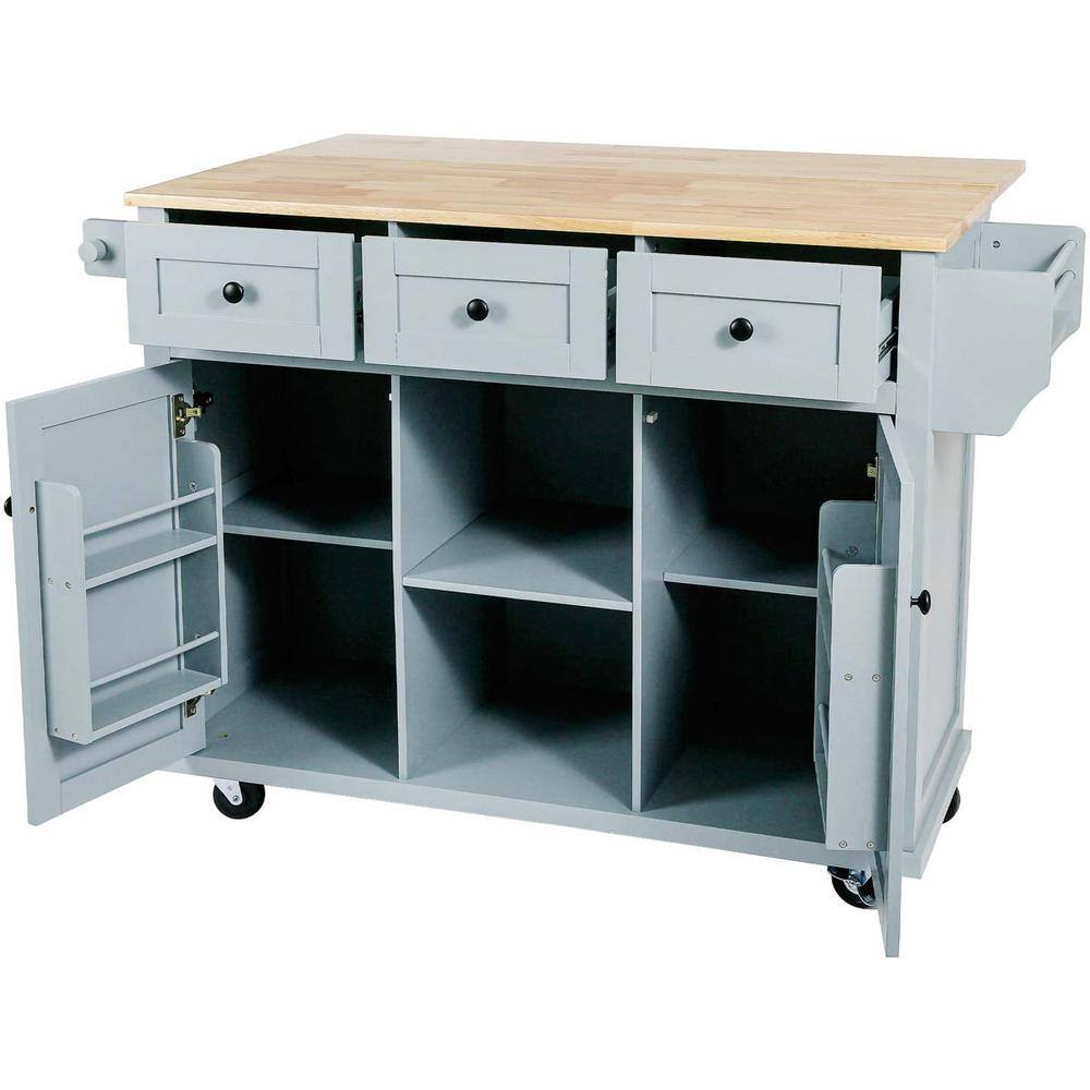 Blue Wood 53 in. W Kitchen Island Cart with Drop Leaf 2-Storage Cabinet 3-Drawers and Storage Rack LN0207MI-CART-2