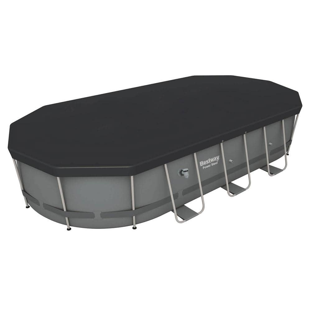 Bestway 18 ft. x 9 ft. Oval 48 in. Deep Metal Frame Above Ground Outdoor Swimming Pool Set 56711E-BW