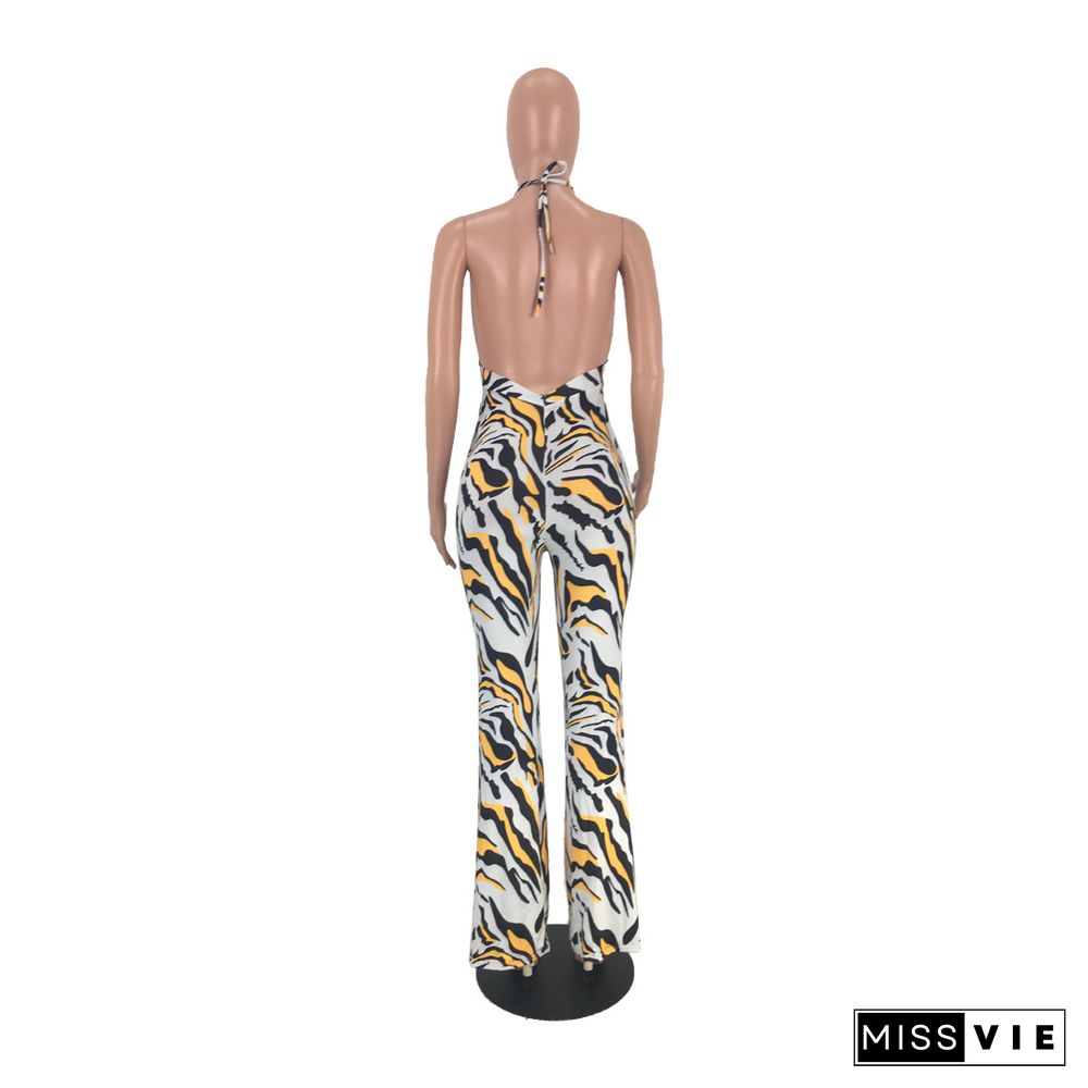 Sexy Hollow Out Printing Wide-legs Long Jumpsuit