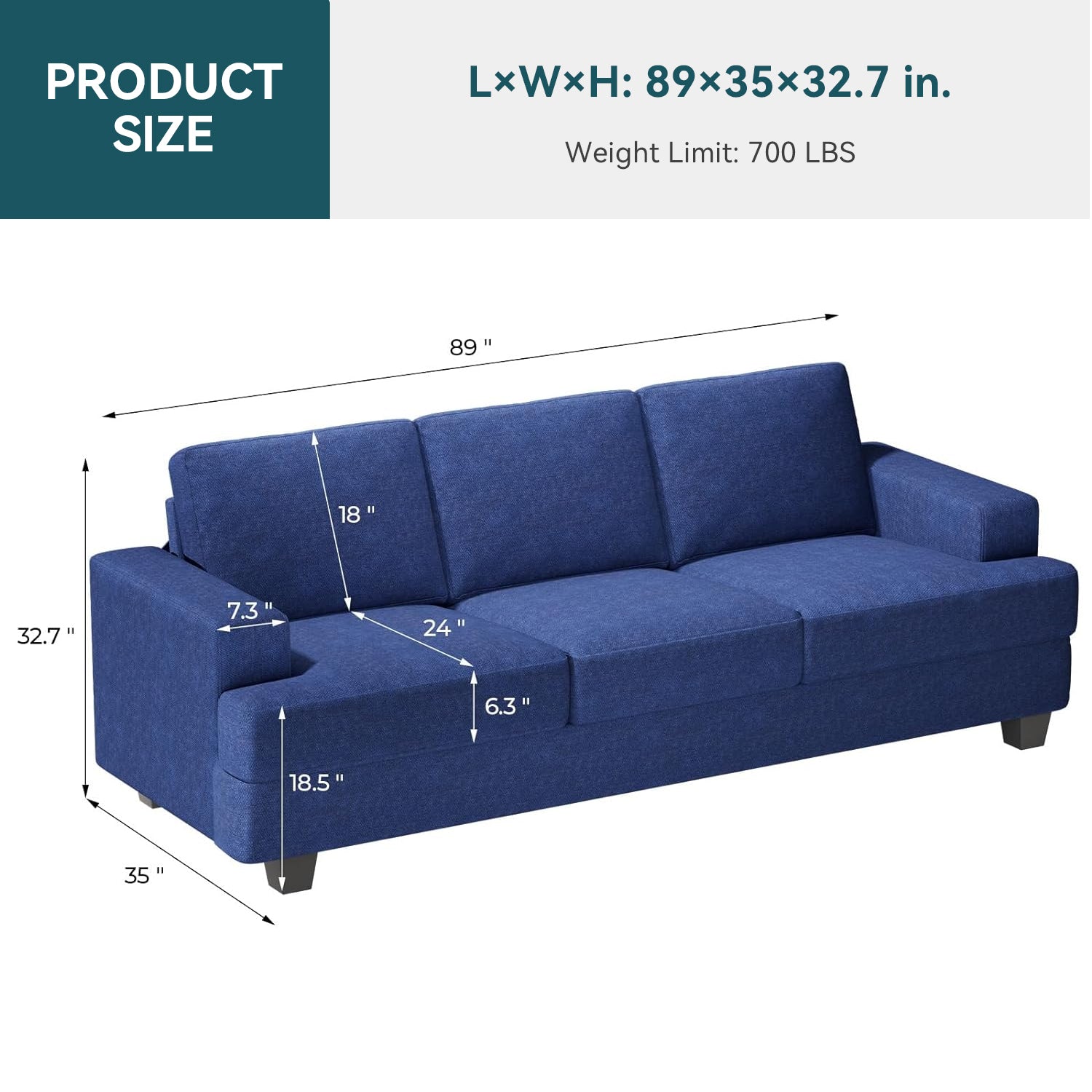 3 Seater Sofa 89 inch Sofa Couch with Elasticity Sponge Seats