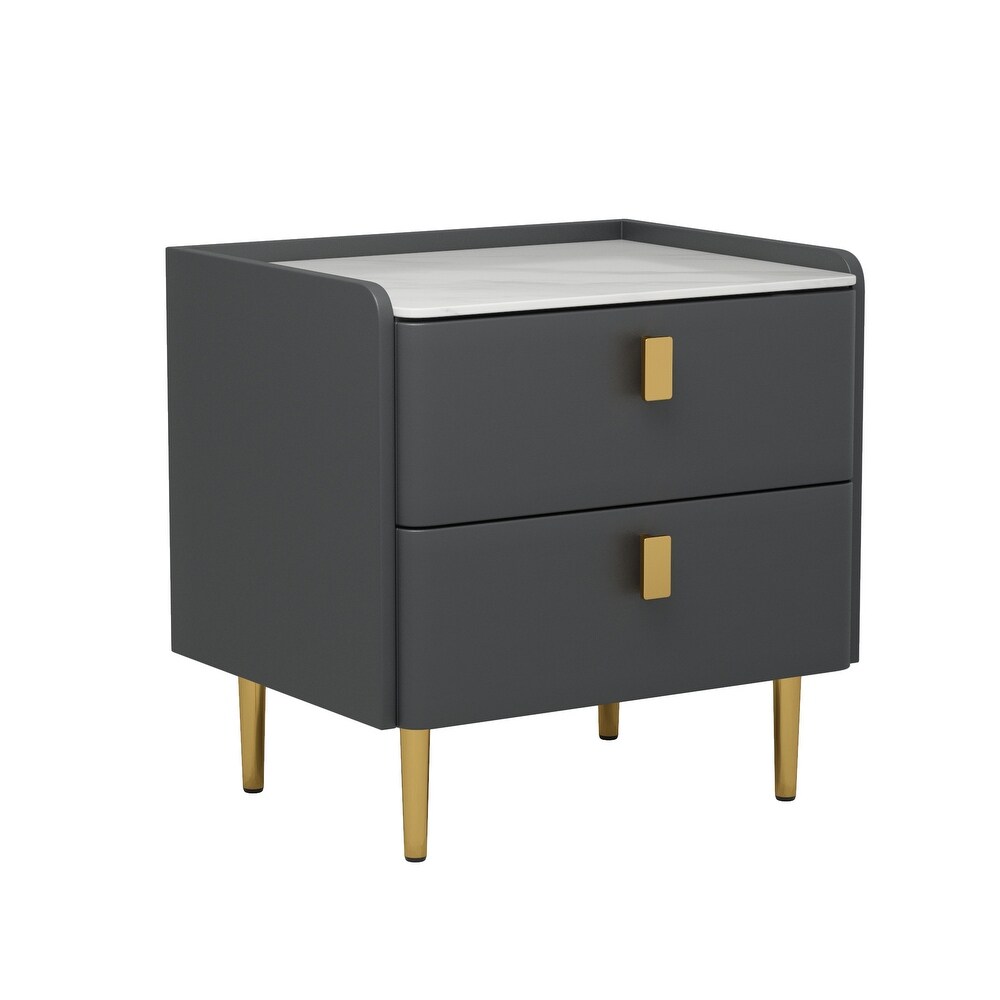 Modern Upholstered Gold plated Metal Nightstand with Stone Tabletop