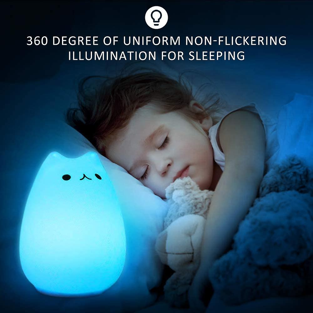 Chwares Portable Led Children Night Light Kids Multicolor Silicone Cat Lamp， Warm White and7-color Breathing Dual Light Modes， Sensitive Tap Control For