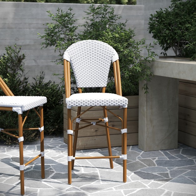 Merrick Lane Set Of Two Indoor outdoor Stacking French Bistro Counter Stools With White And Gray Patterned Seats And Backs amp Bamboo Finished Metal Frames