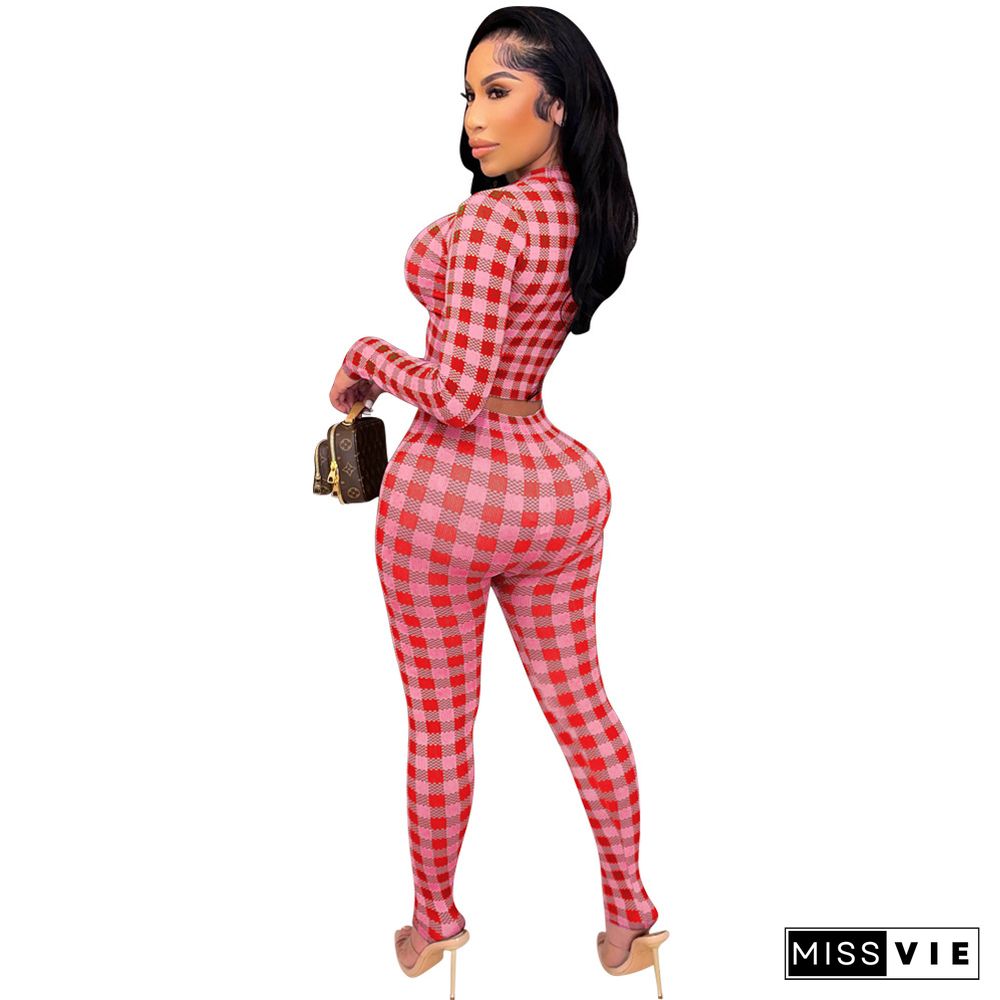 Plaid Crop Top Bodycon Pencil Pants Two Piece Set